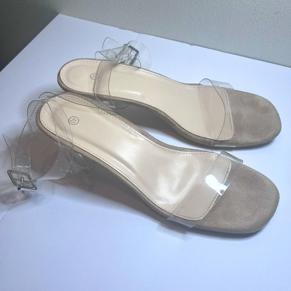 Fashion sandals, size 40 eu = size 9 us. Clear straps with suede toe box.